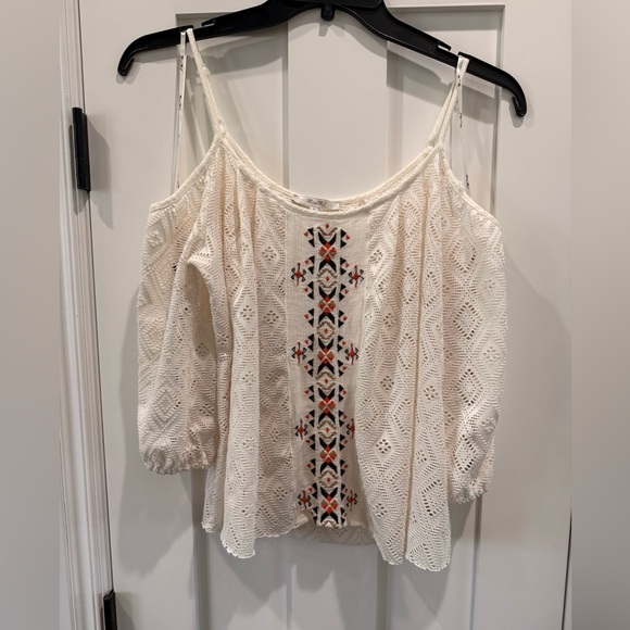 Miss Me Tops - Miss Me Cream Top with Geometric Embroidery